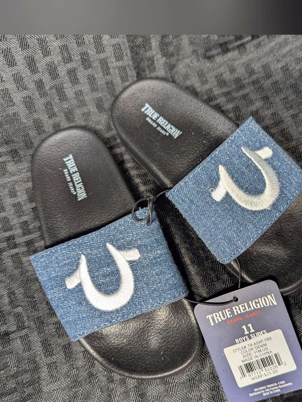 Denim & Black True Religion Logo Slide Sandals